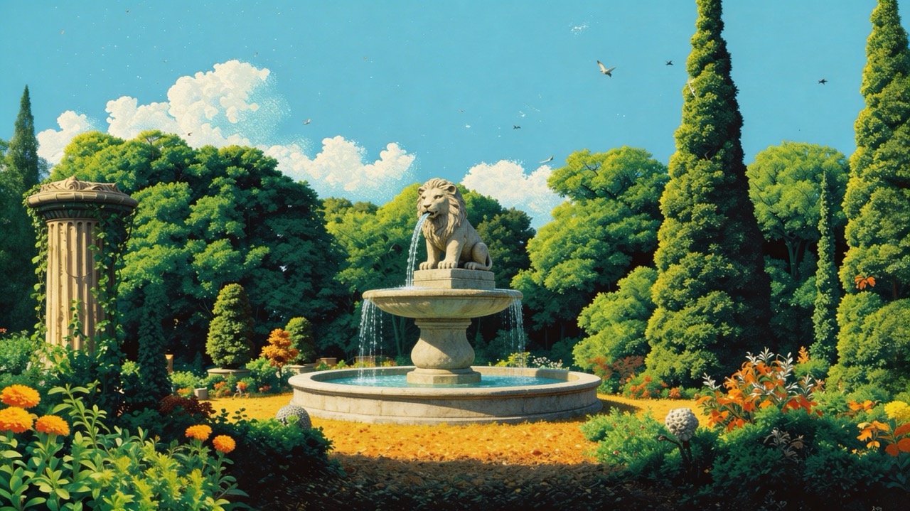 Classical garden scene with a statue reading a book, a rose-covered stone arch, lily pond, and butterflies in sunlight.