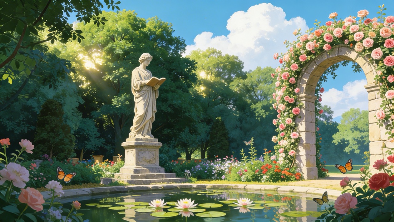 Classical garden scene with a statue reading a book, a rose-covered stone arch, lily pond, and butterflies in sunlight.